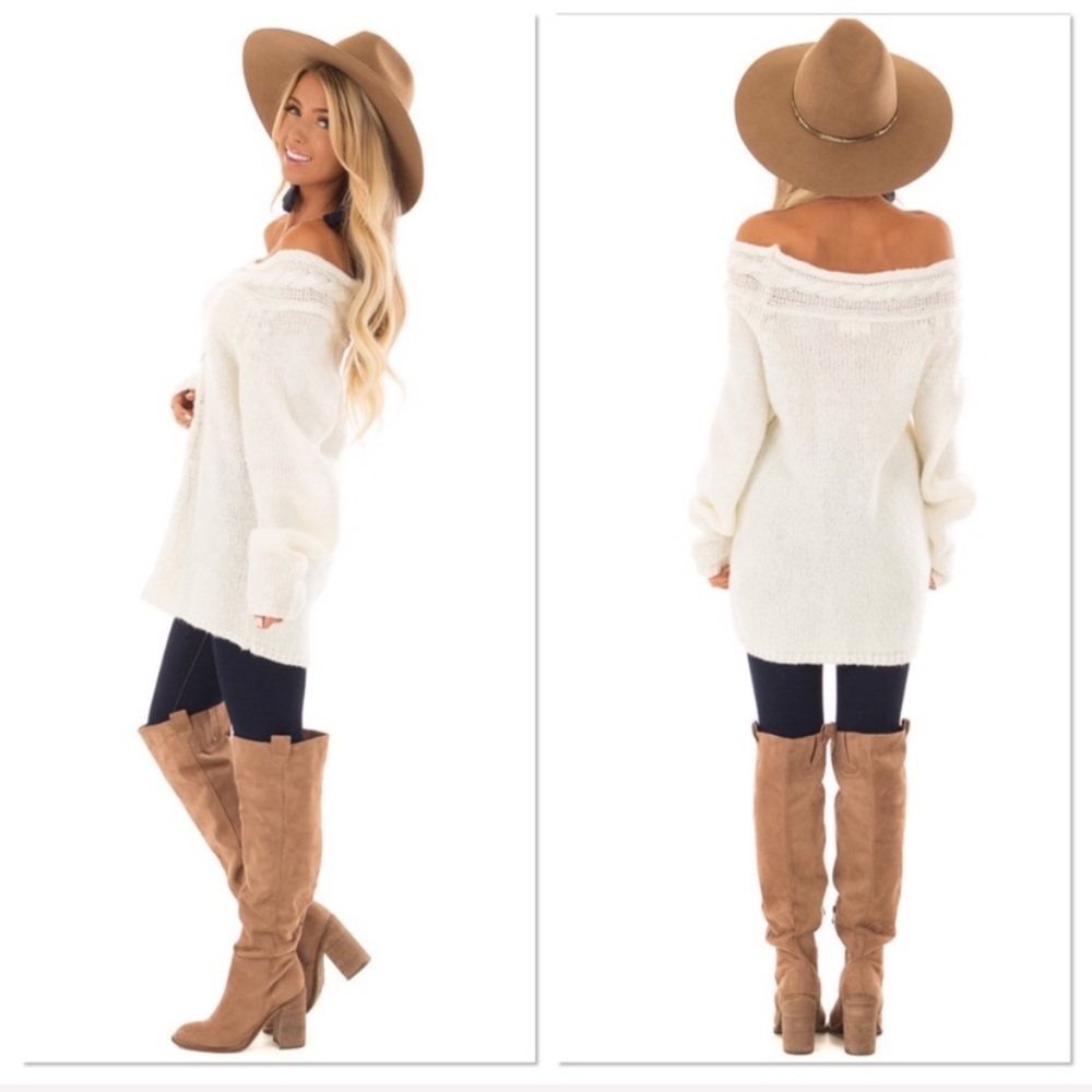 Cream Cable Knit Off The Shoulder Sweater - Picture 3 of 4